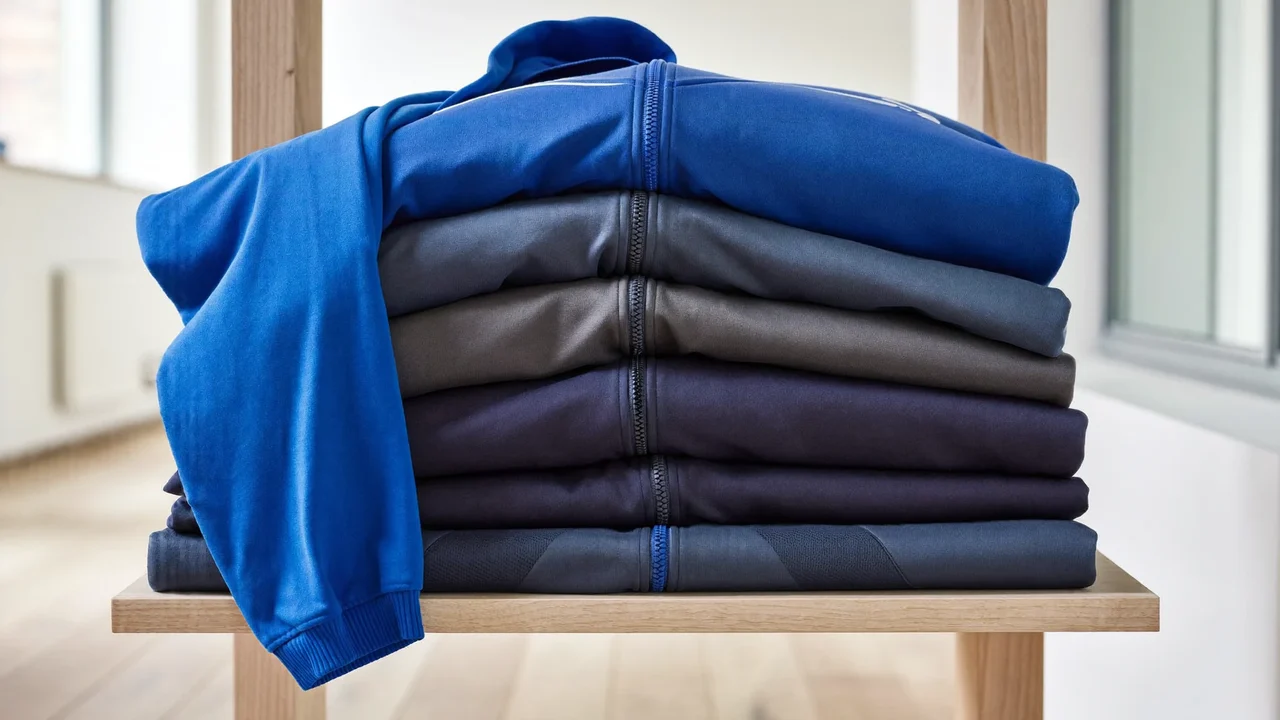 Gefaltete Sportbekleidung in Kobalt, Anthrazit und Marine auf einem hellen Holzregal